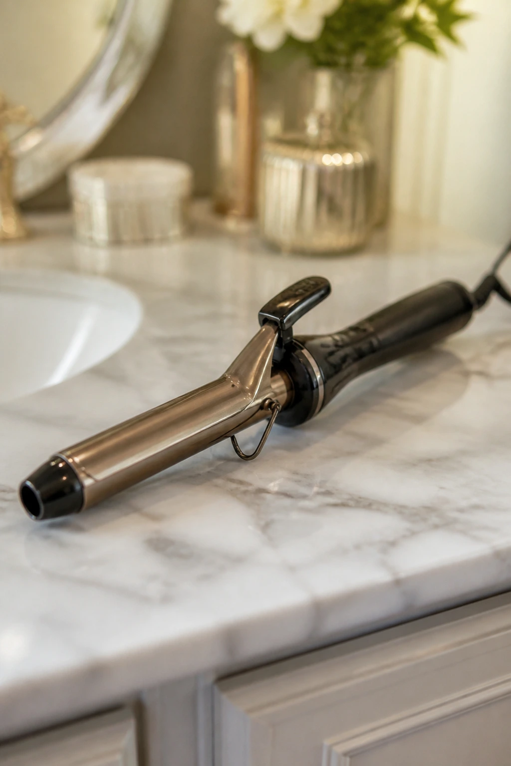 Close-up of a single 1.25-inch curling iron on a clean vanity surface.