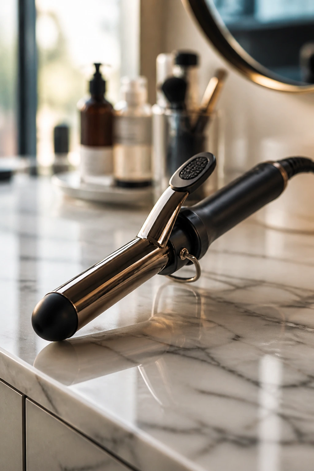 Close-up of a 1-inch curling iron on a clean salon counter with warm lighting.