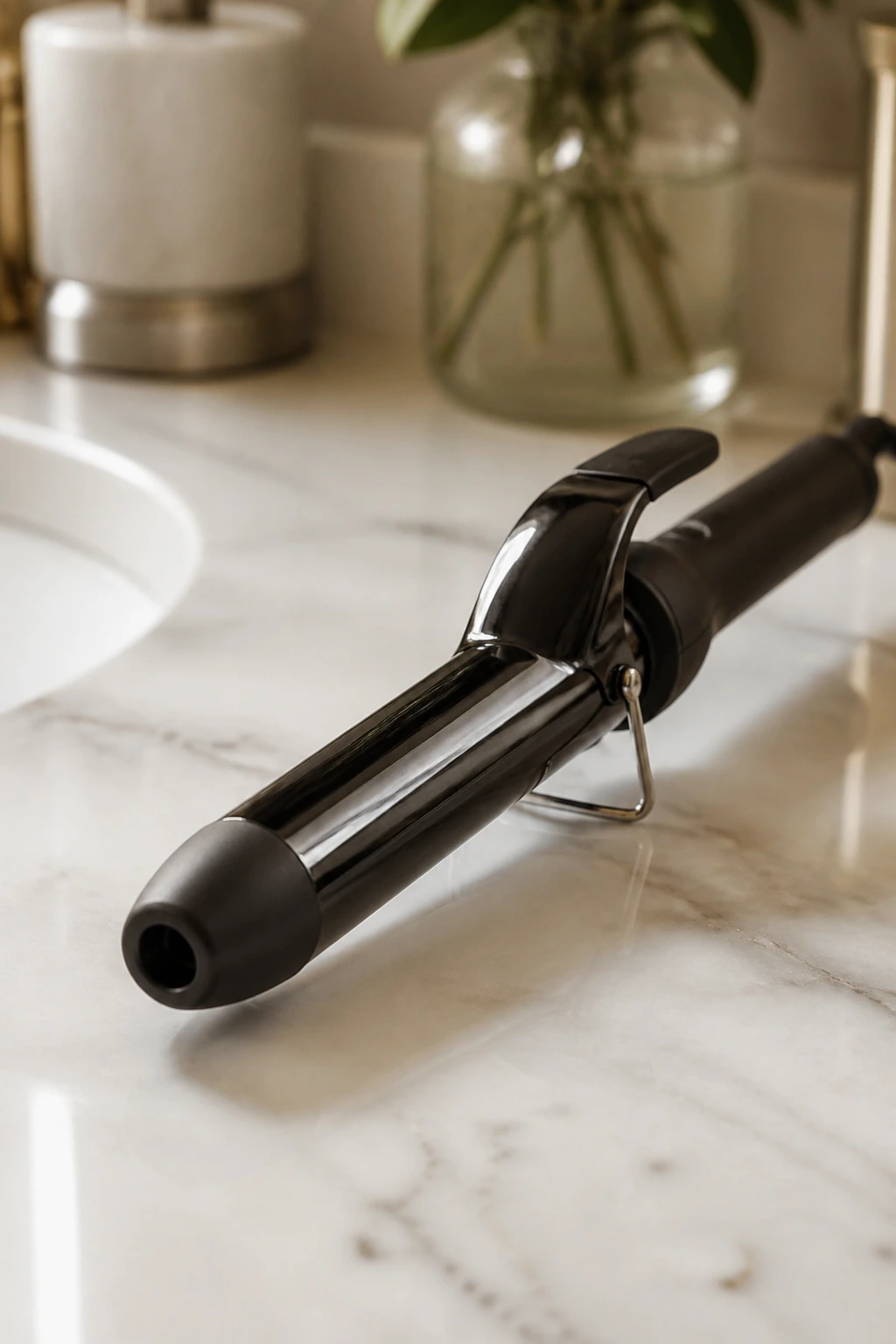Close-up of a 1-inch curling iron on a clean counter