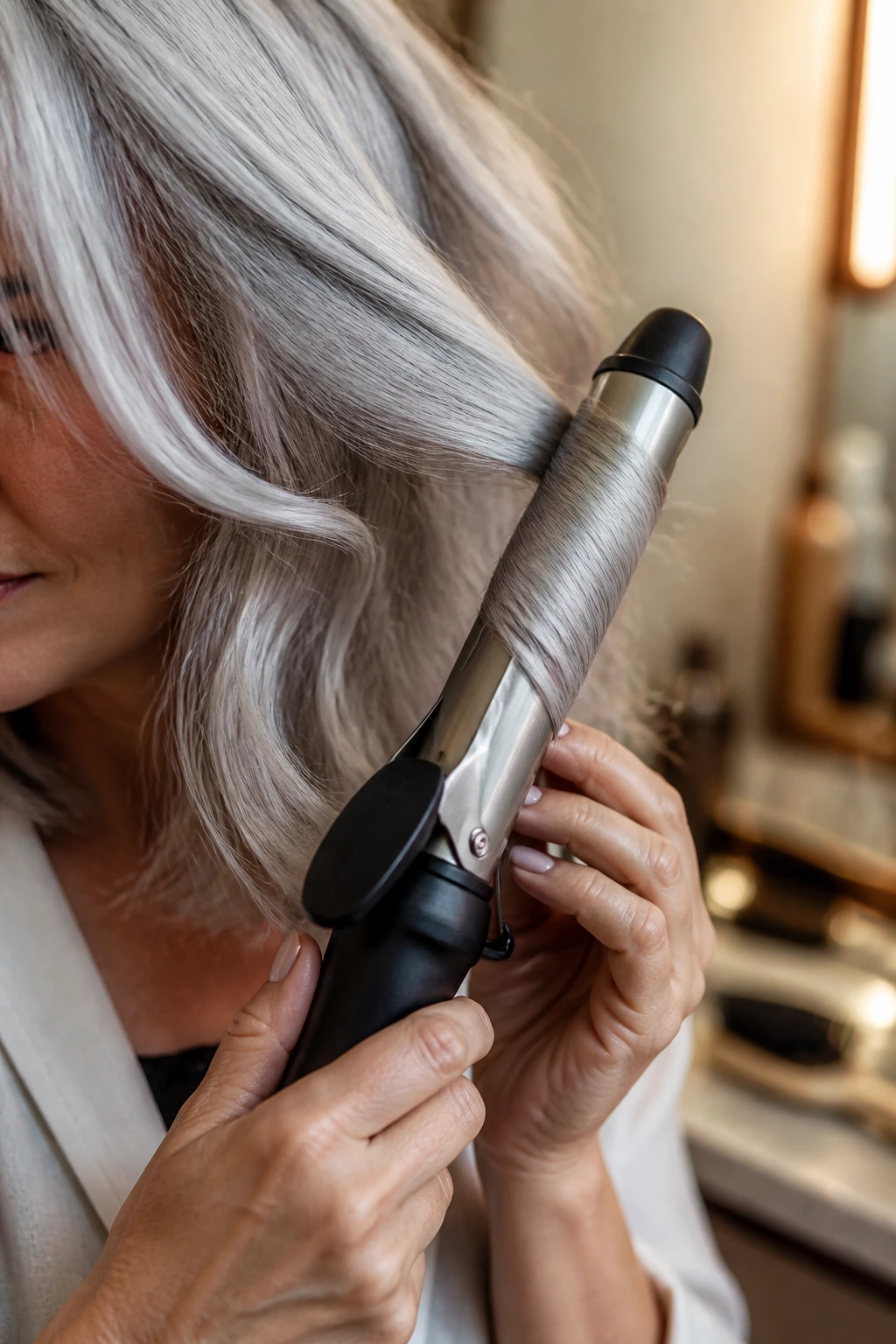 Close-up of a curling iron used on silver hair with hands visible.