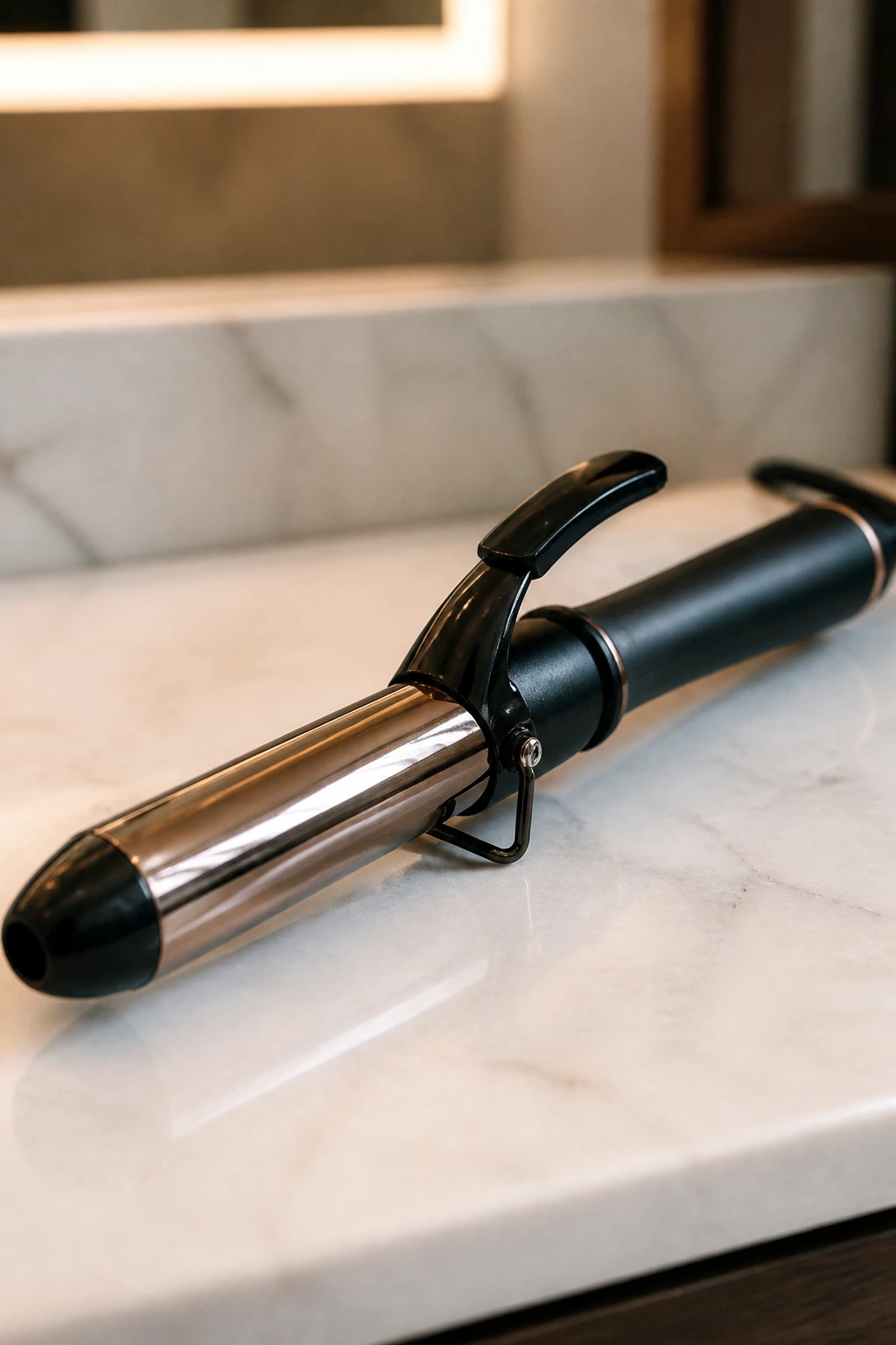 Close-up of a 1-inch curling iron on a vanity under warm light