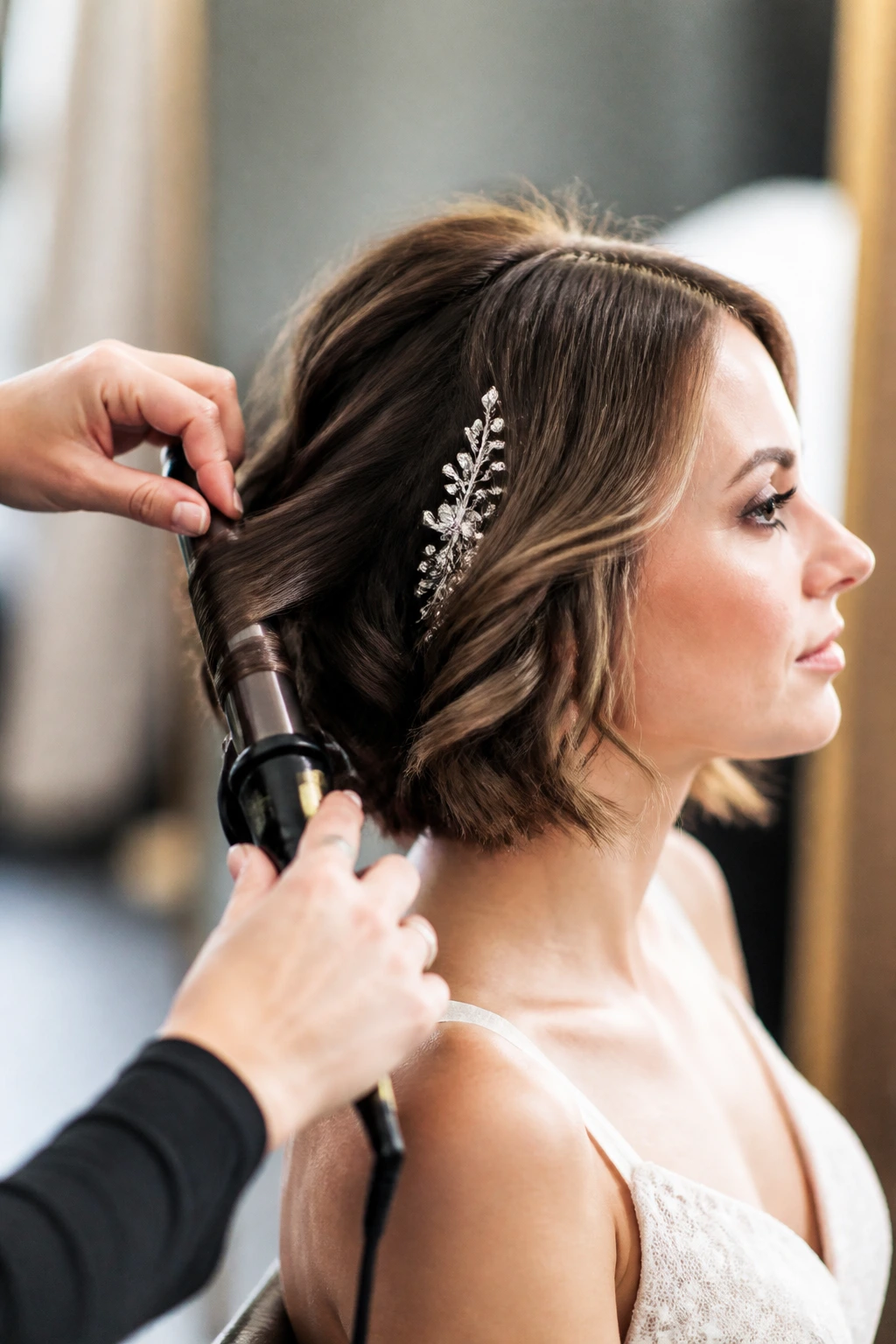 Bride's bob being styled with curling iron by a stylist in a bridal prep room.