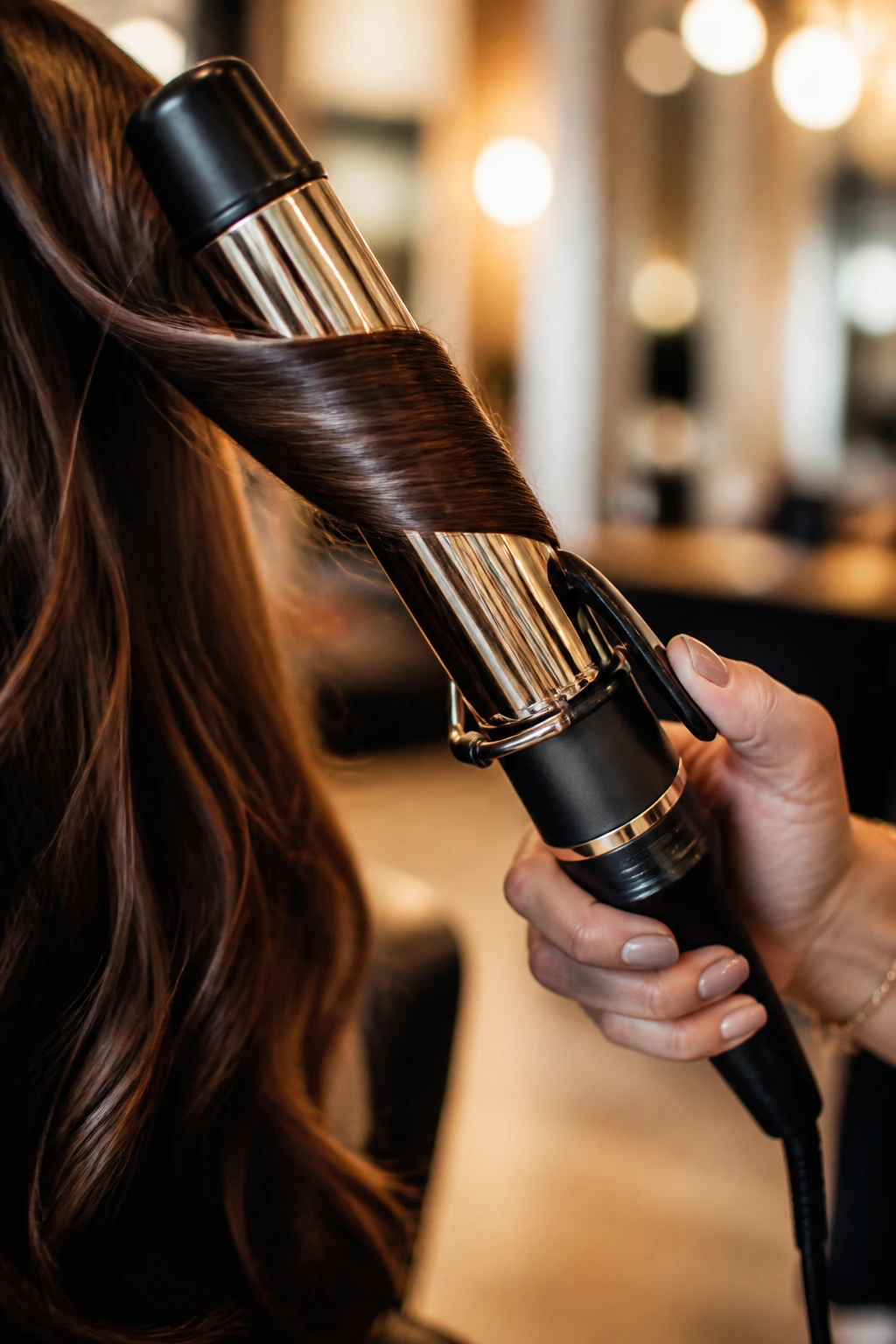 Close-up of curling iron with brunette hair for styling tools.