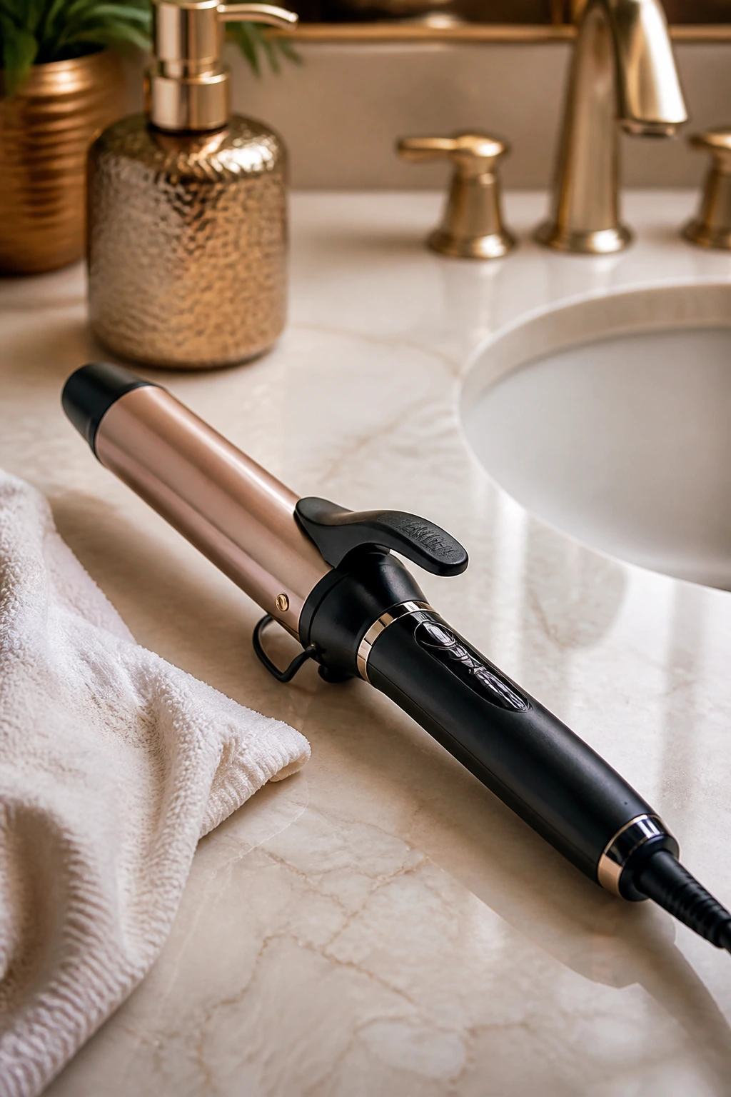 Close-up of a curling iron on a bathroom counter.