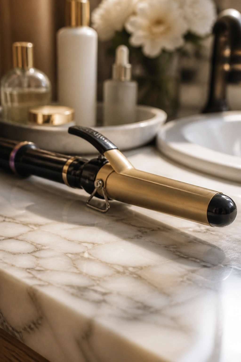 Close-up of a 1.25-inch curling iron on a marble bathroom counter
