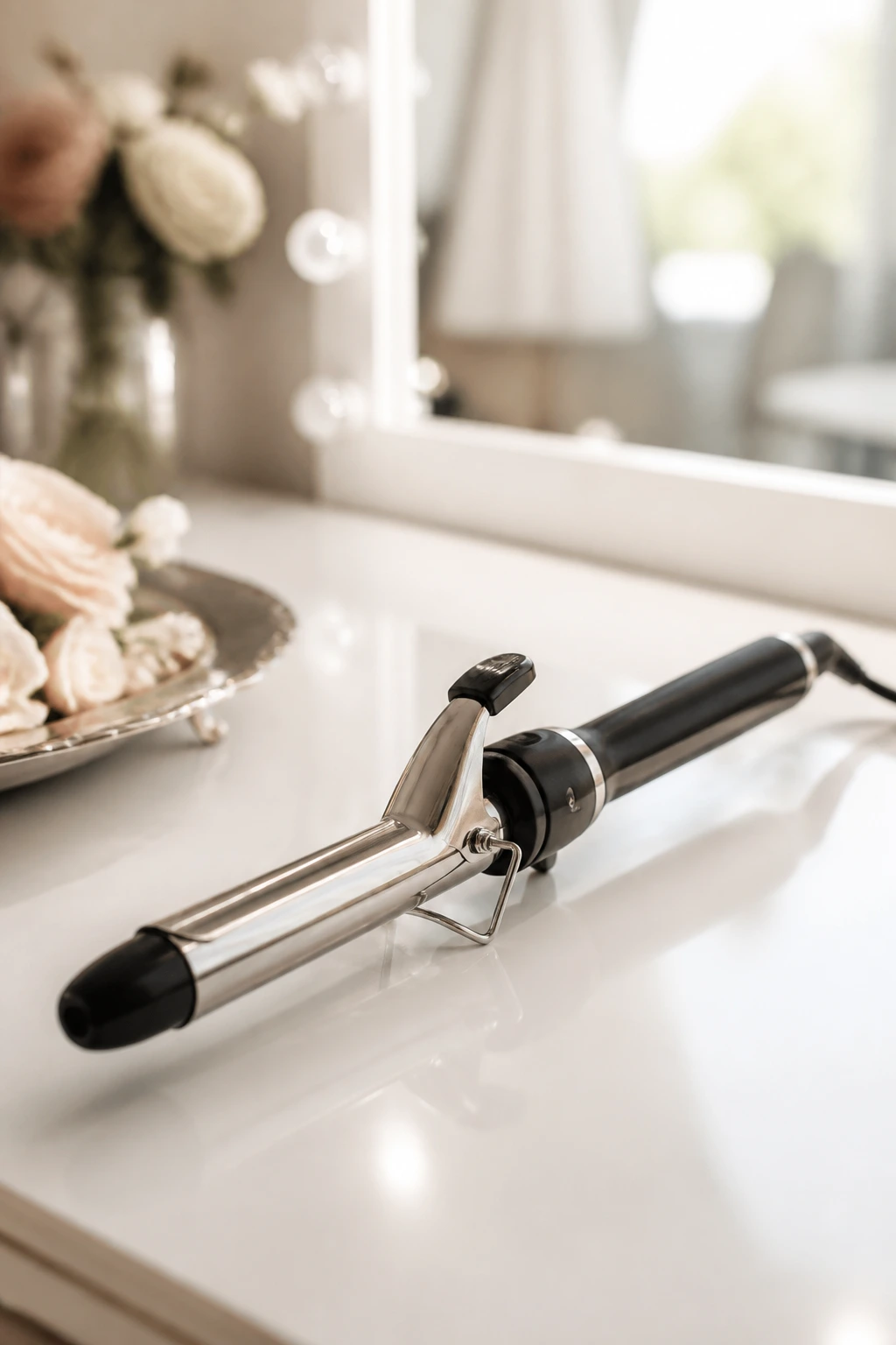 Close-up of a curling iron on a bridal vanity with soft light