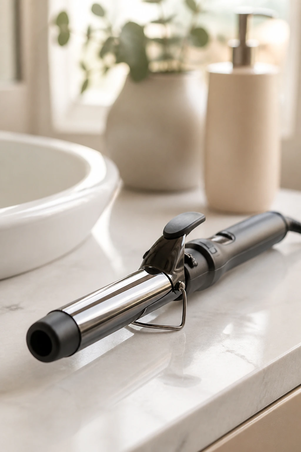 Curling iron on a clean bathroom counter in soft morning light