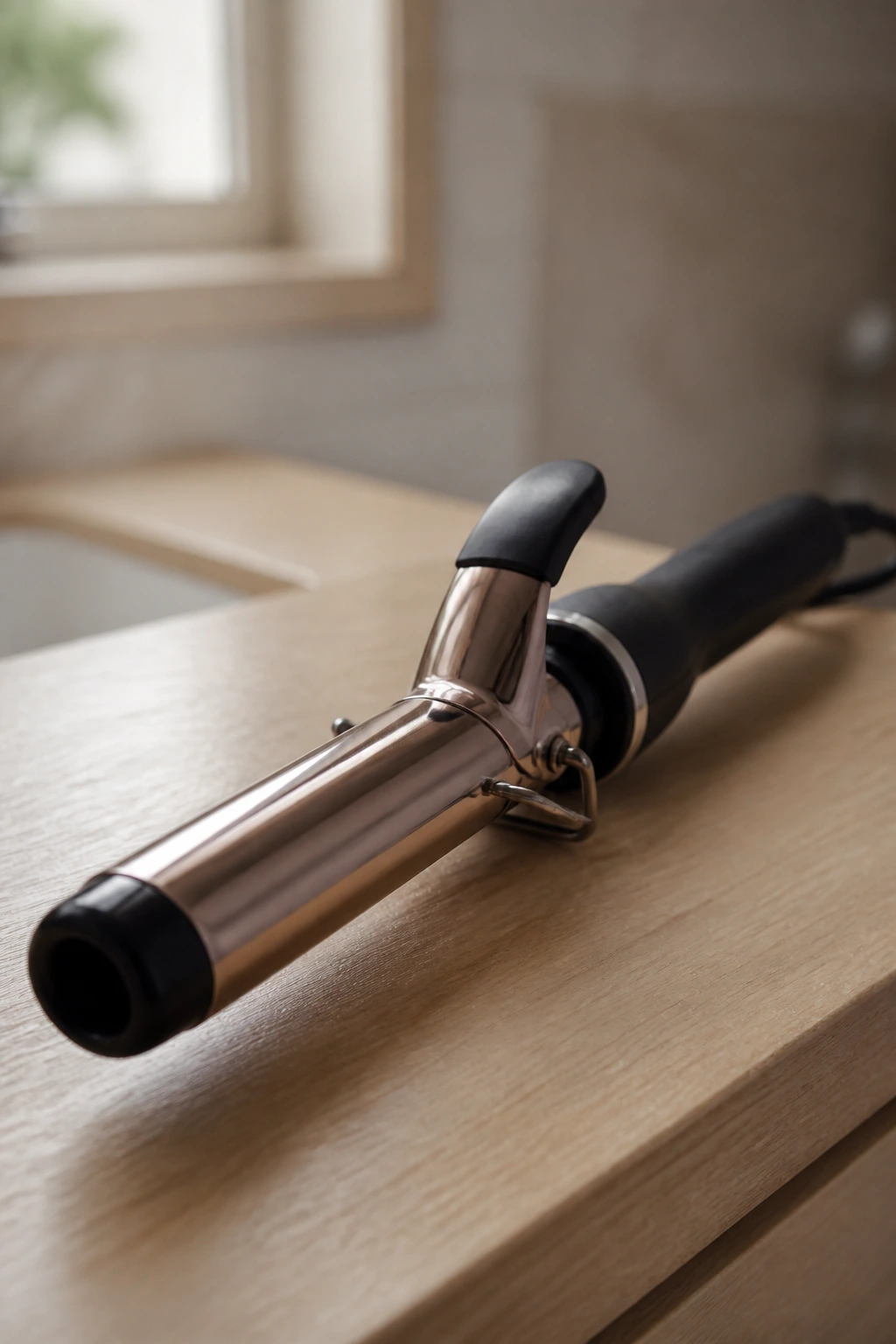 Macro close-up of curling iron on bathroom counter