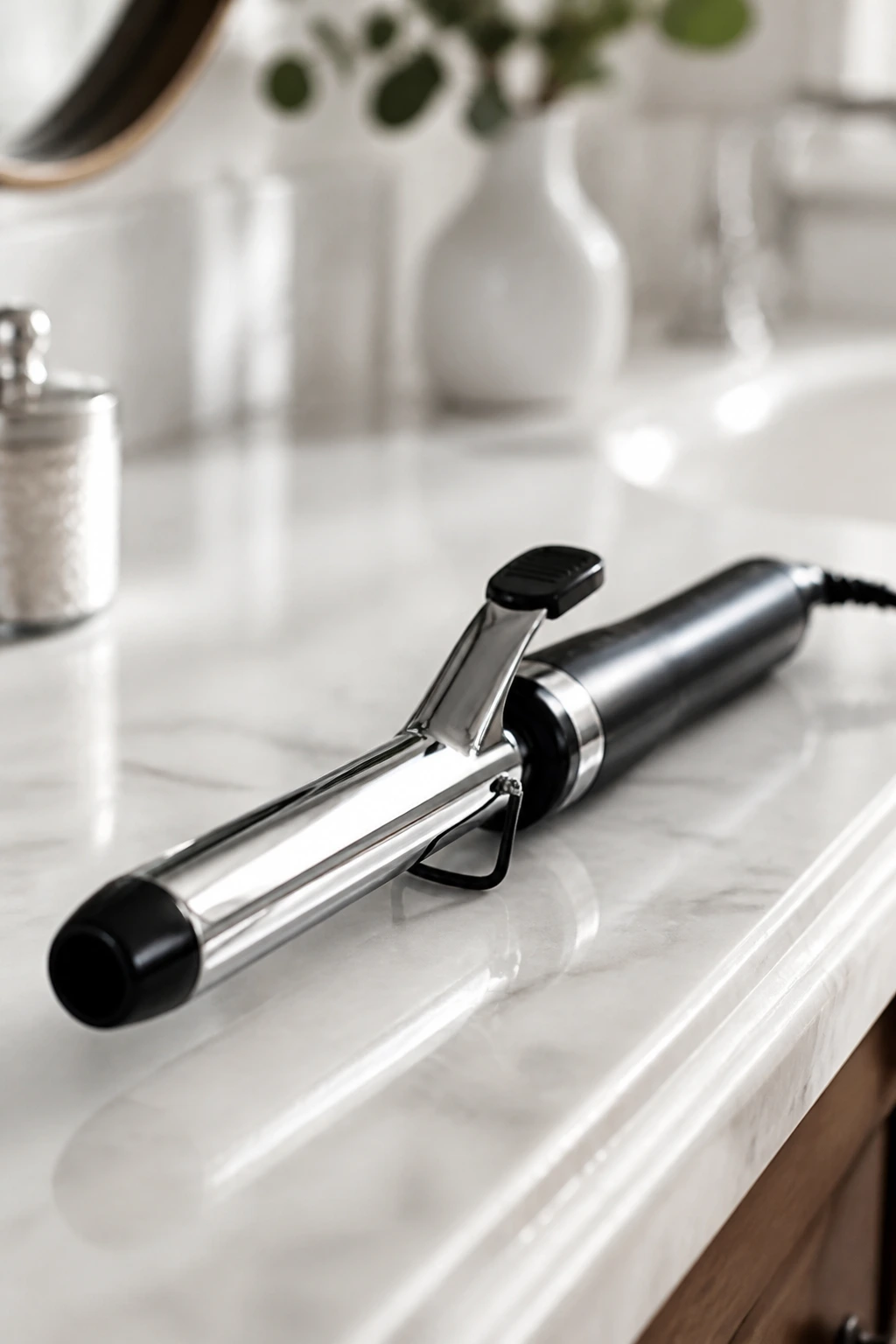 Close-up of a curling iron on a bathroom counter representing styling tools