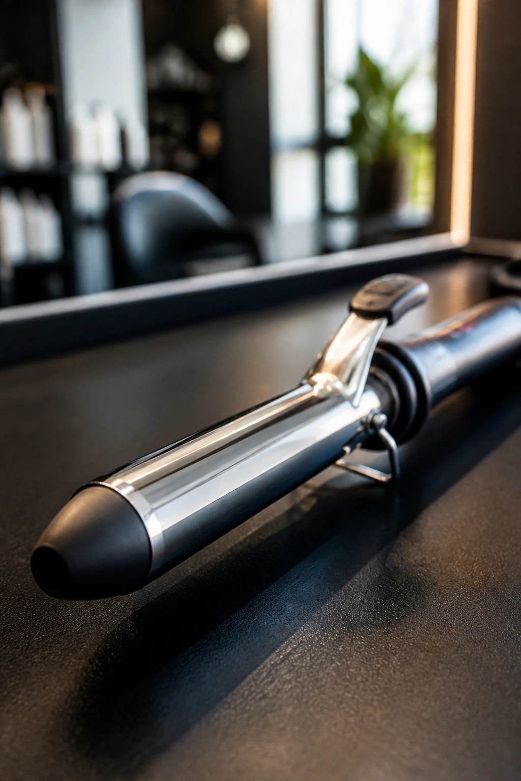 Close-up of a 1-inch curling iron on a dark surface