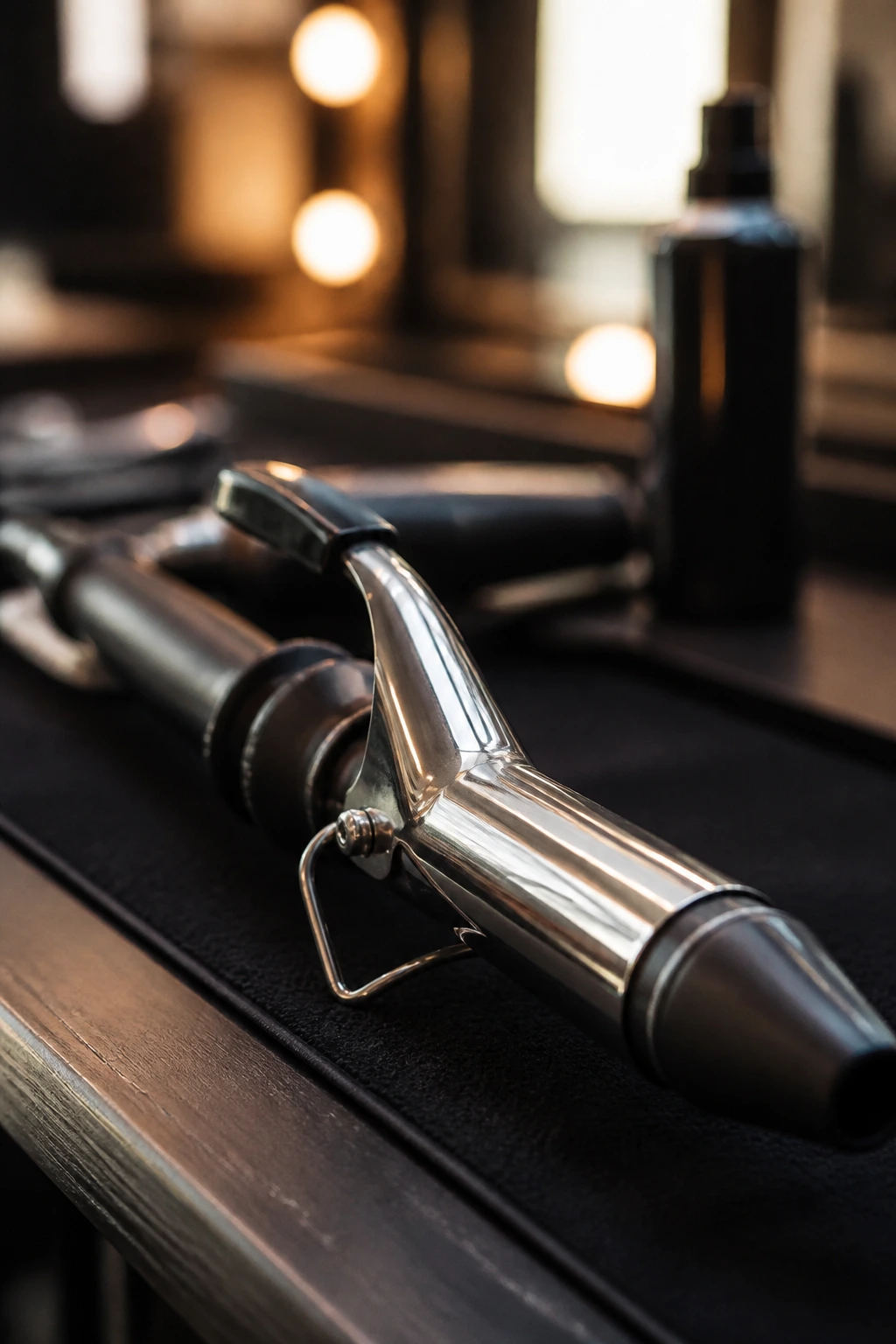 Close-up of a curling iron in a salon setting