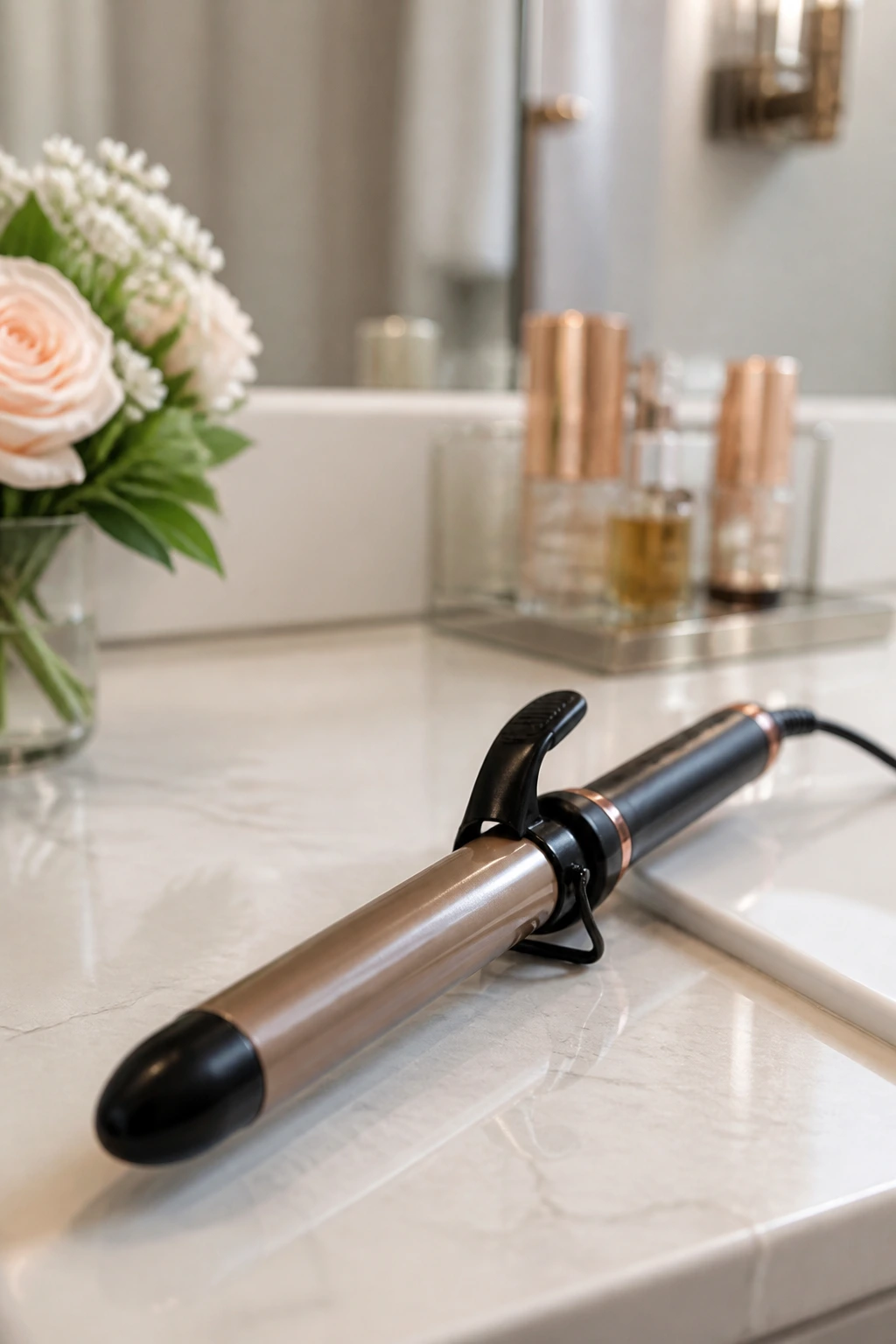 Curling iron on vanity ready for bridal wave styling