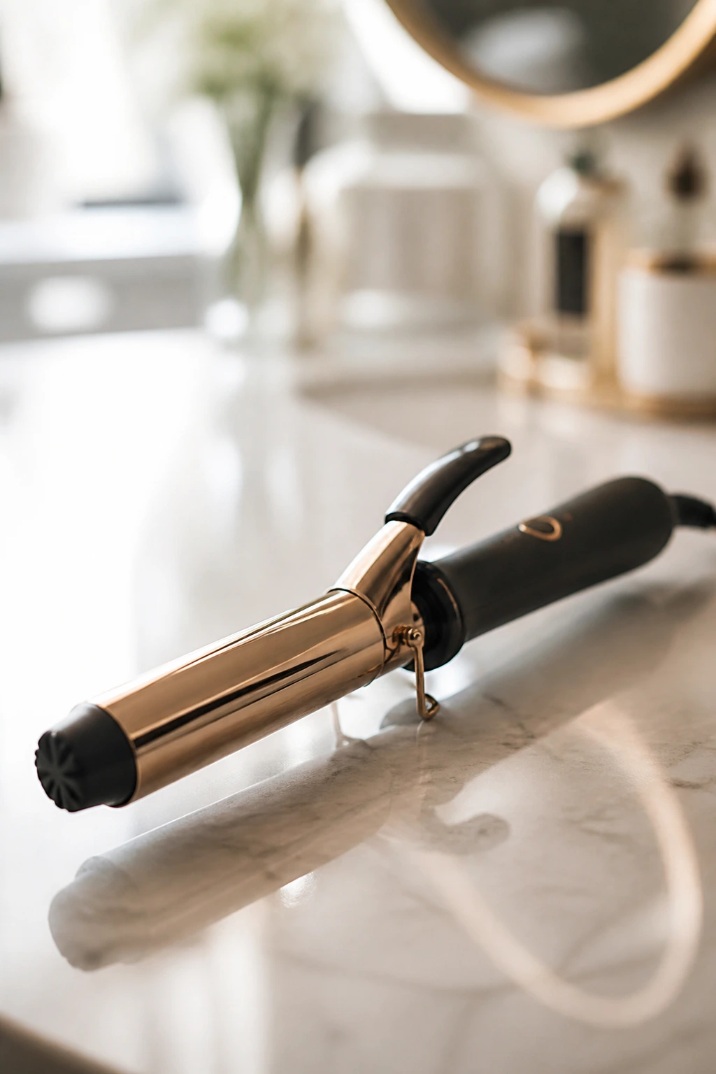 Close-up of a curling iron on a vanity with soft window light