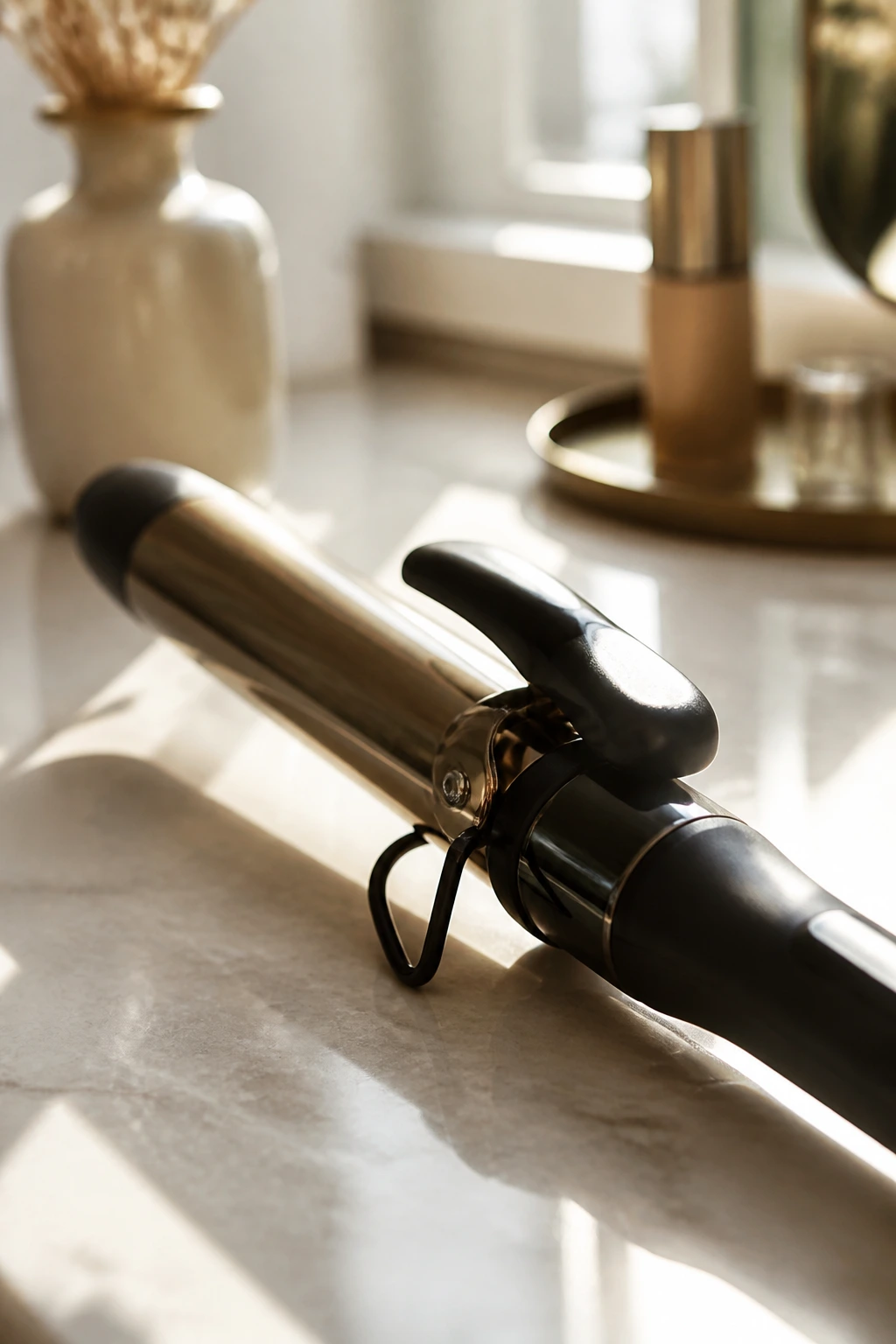 Close-up of a curling iron on a vanity with warm light