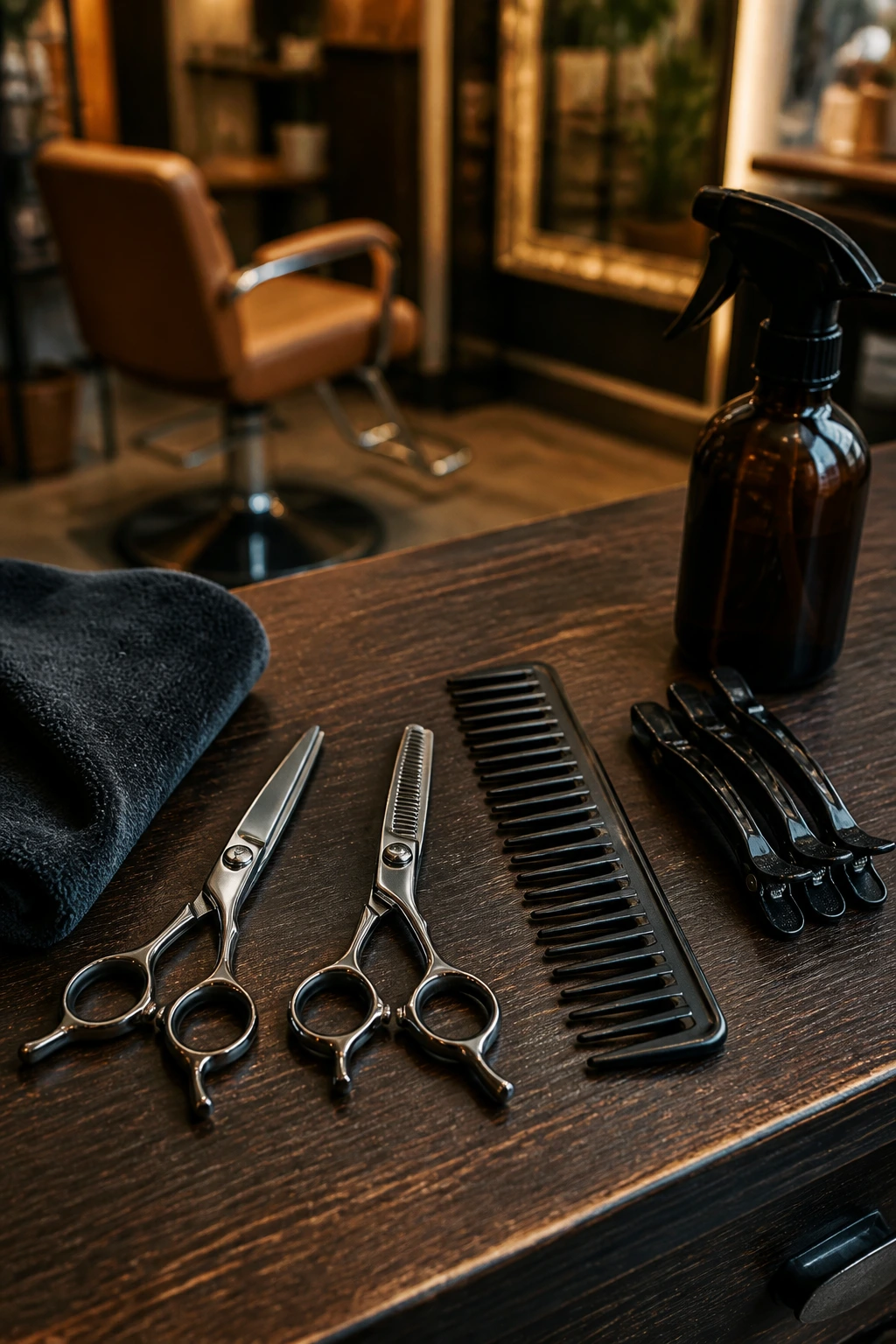 Top-down view of essential curly shag tools on a salon station