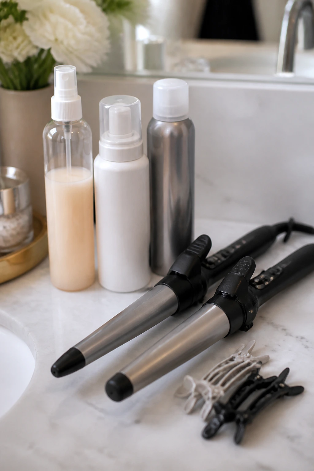Close-up of hair tools on a bathroom counter for wavy hairstyles