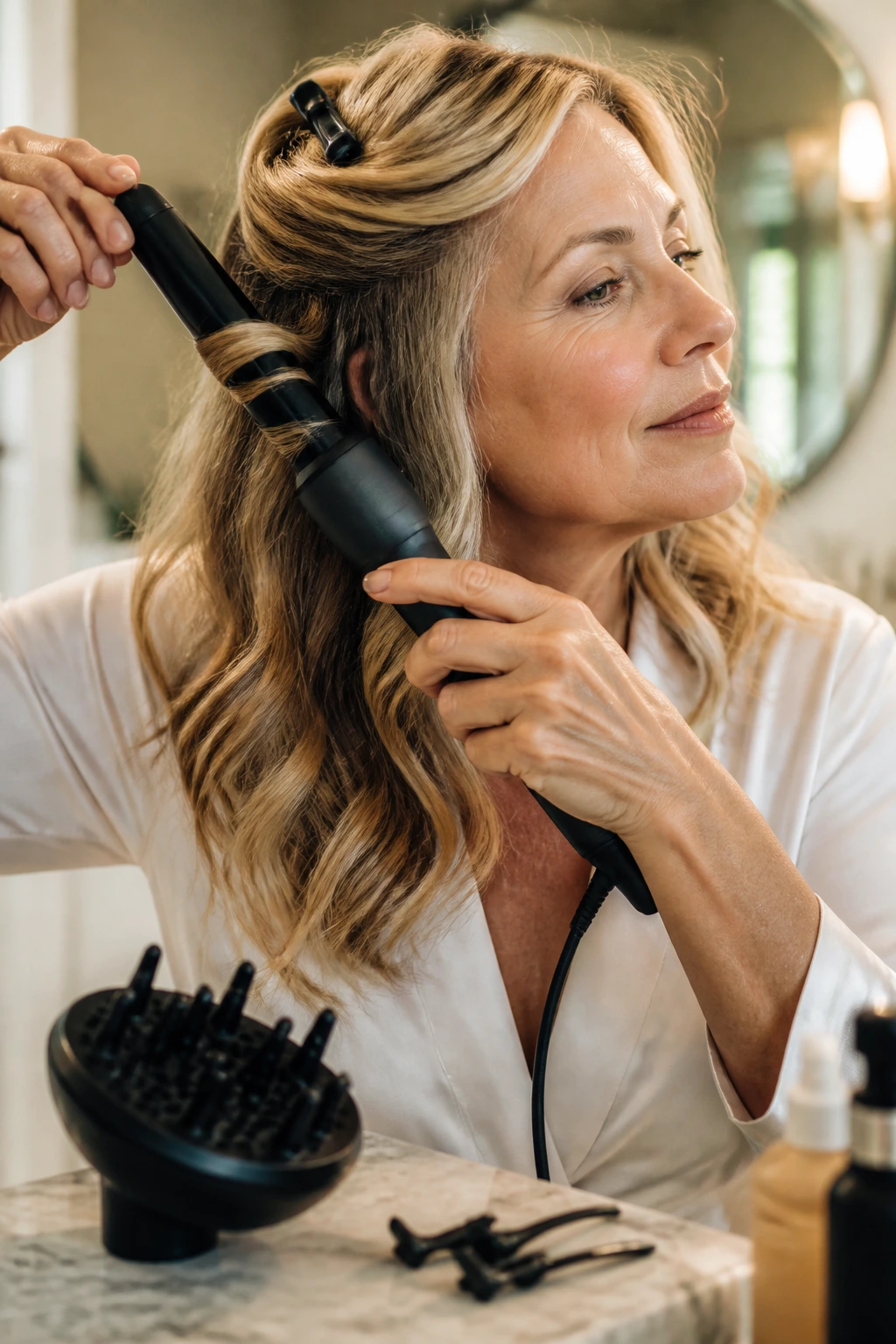 Close-up of a real person using a curling wand to style wavy hair