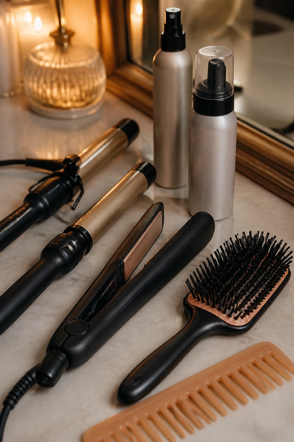 Close-up of essential styling tools arranged on a vanity for tousled waves