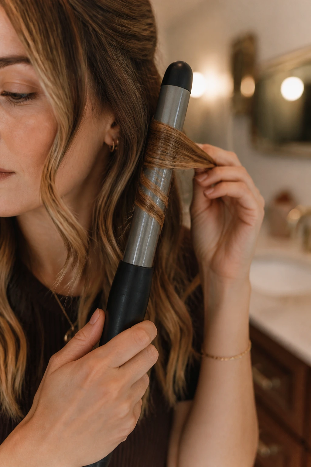 Close-up of curling wand in use on fine hair