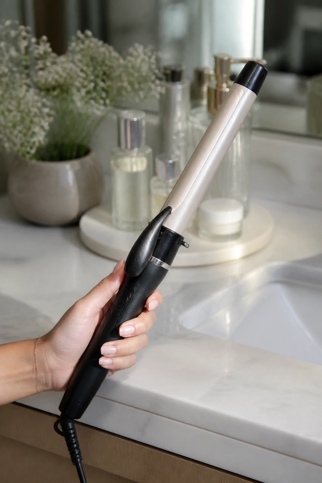 Close-up of a 1.25-inch curling wand in hand with soft background
