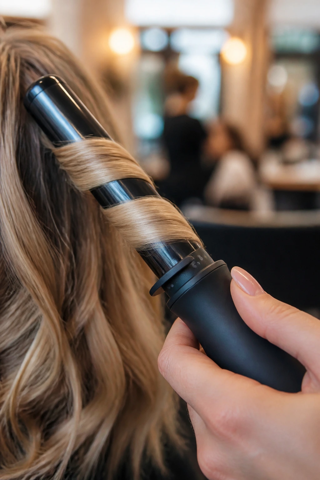 Close-up of curling wand in use with hair strand on a real stylist's hand