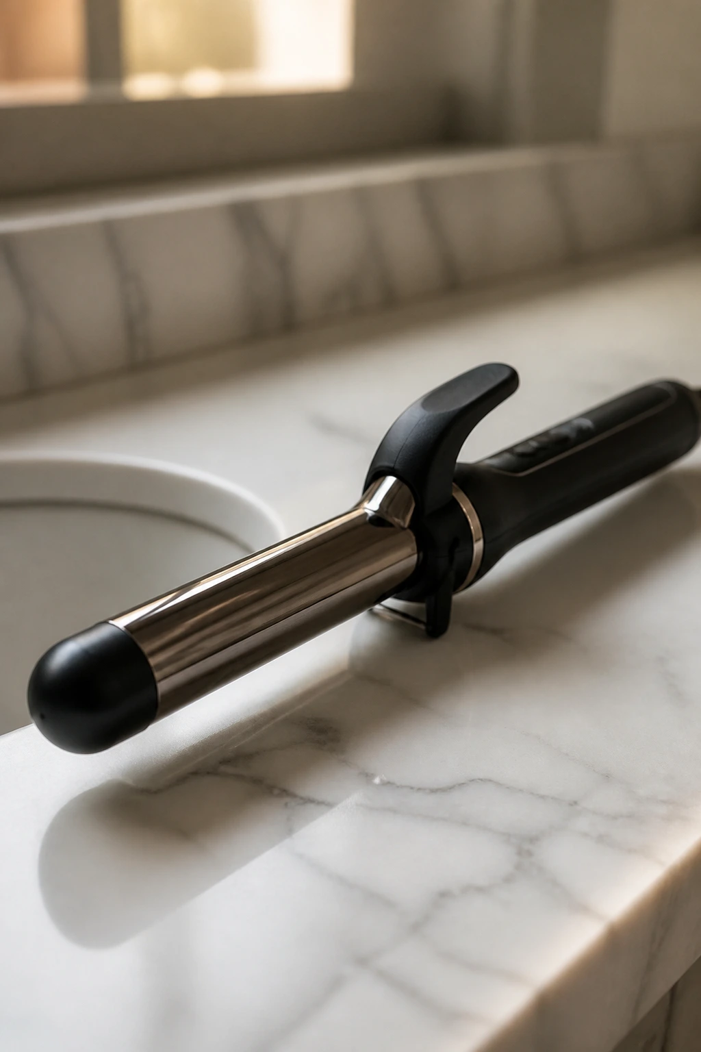 Close-up of a 1-inch curling wand on a bathroom counter