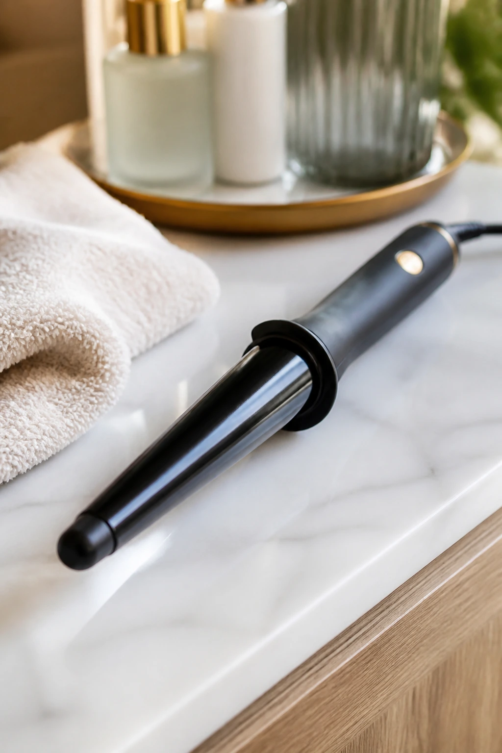 Close-up of a curling wand on a vanity for essential styling tools