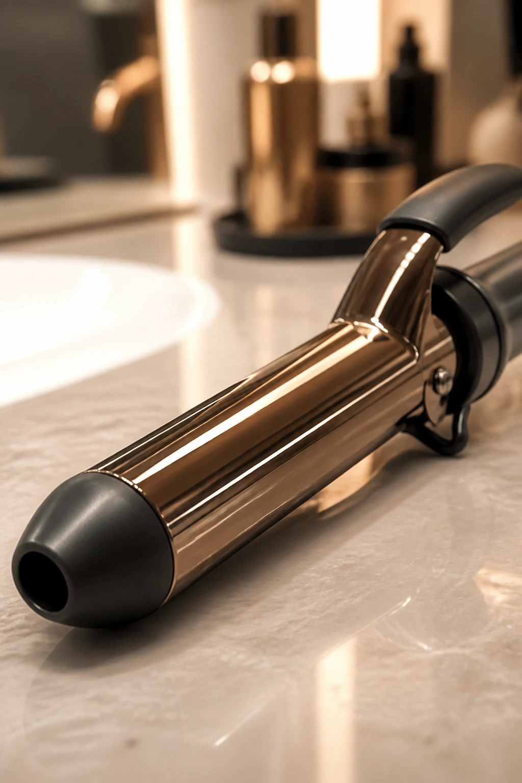 Macro close-up of a curling wand as the hero tool on a blurred salon background