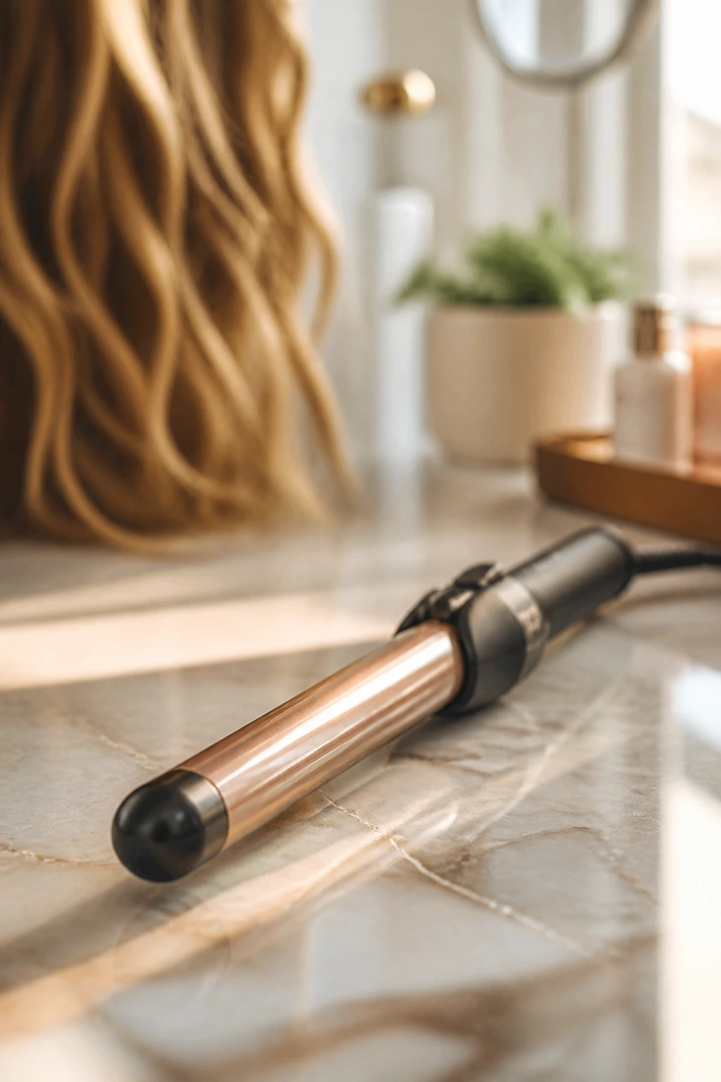 Curling wand on a bathroom counter as the hero tool