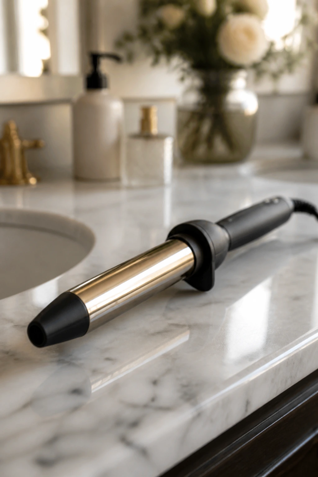 Close-up of a 1-inch curling wand on a bathroom counter