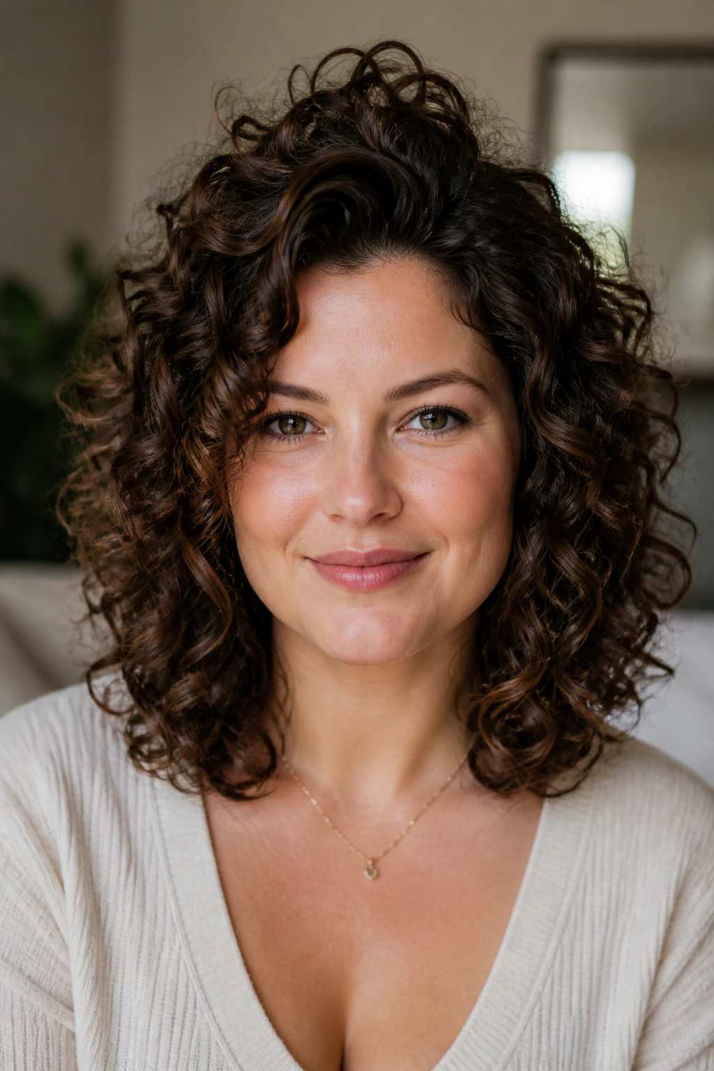 Close-up of a woman with curls arranged at crown height