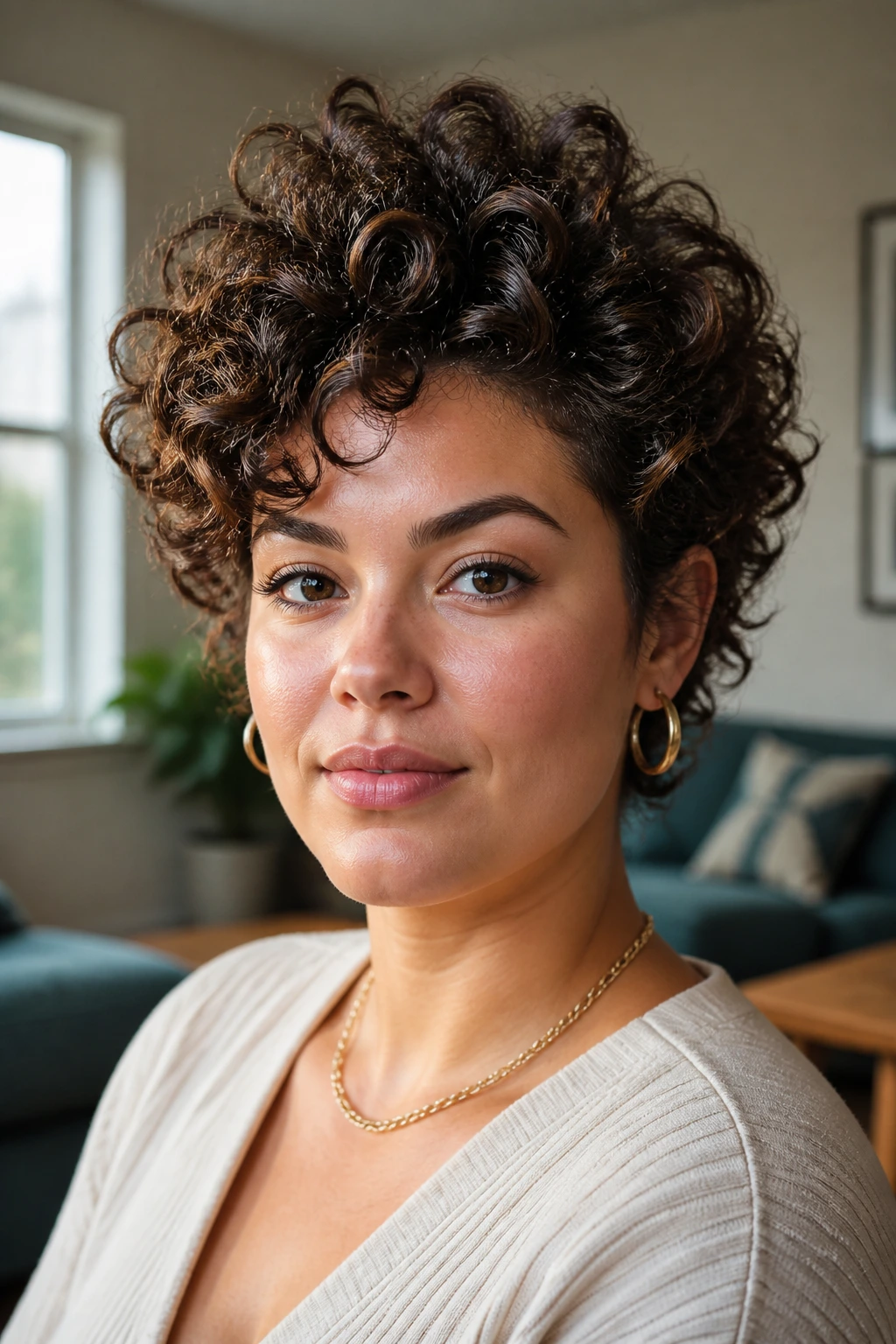 Close-up portrait of a woman with a high-volume crown curl shape in natural light.