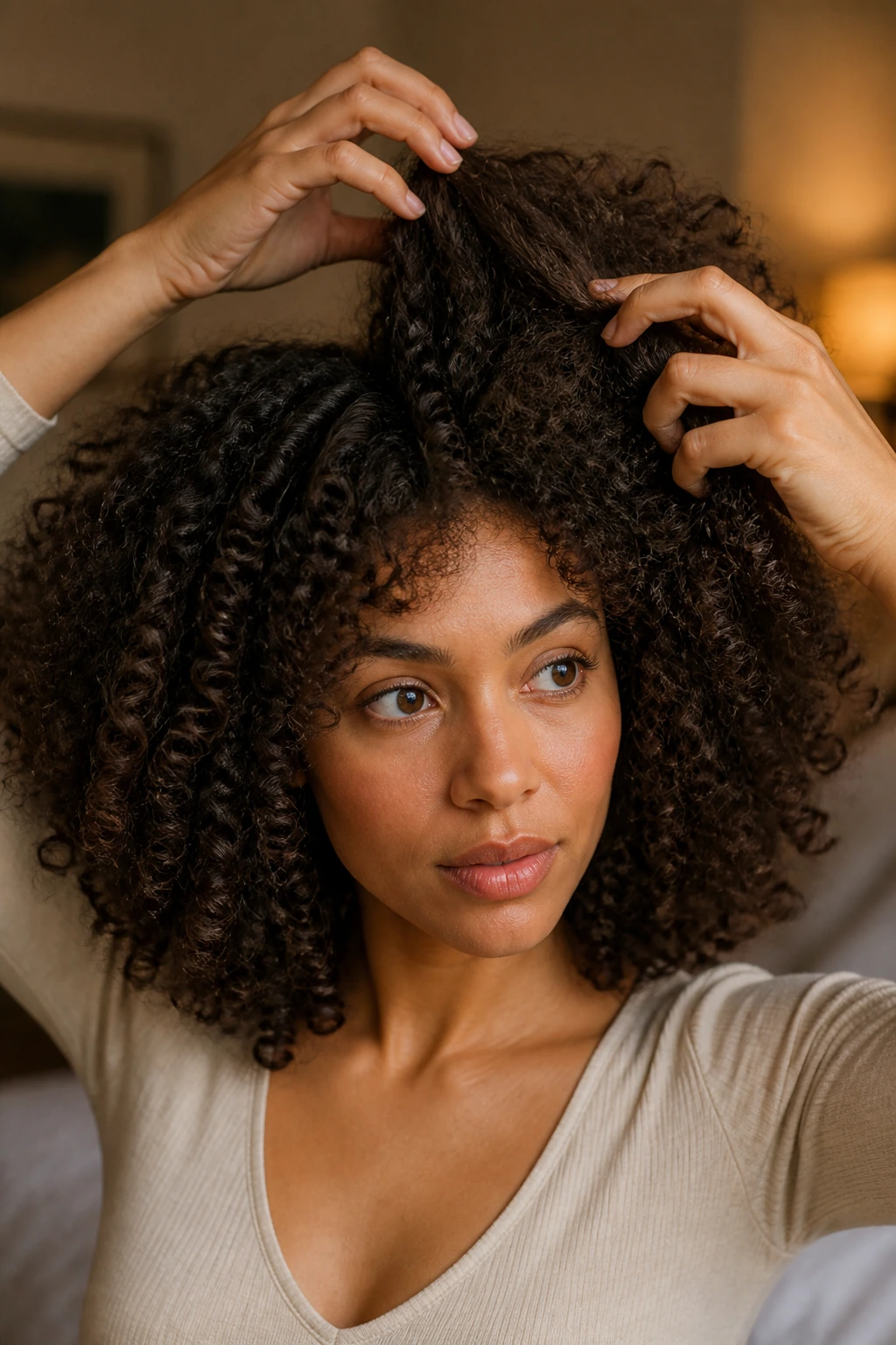 Close-up of hands shaping thick curls to show puff and sag