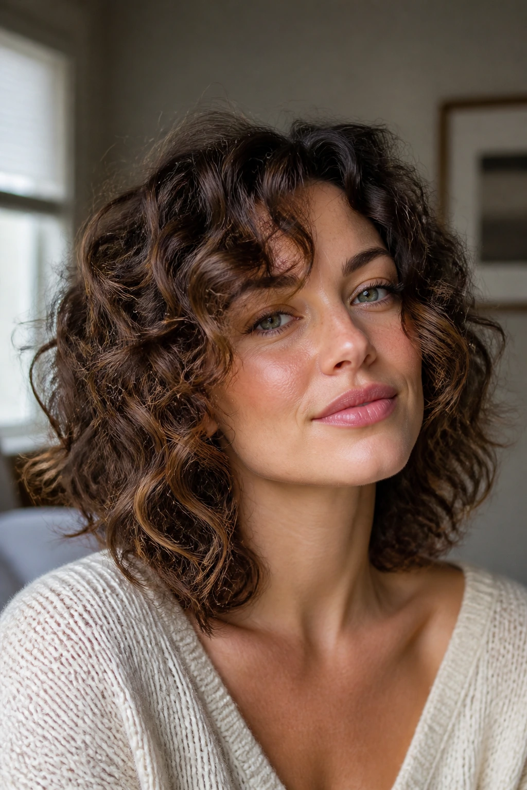 Close-up of a real woman with a curls-waves hybrid cut in natural window light