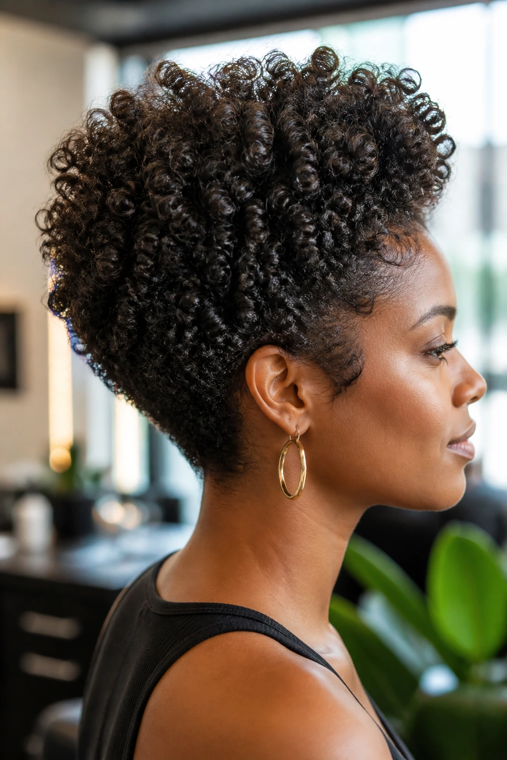 Close-up portrait of Curly Stack for 4B Density hairstyle on a real person in a salon