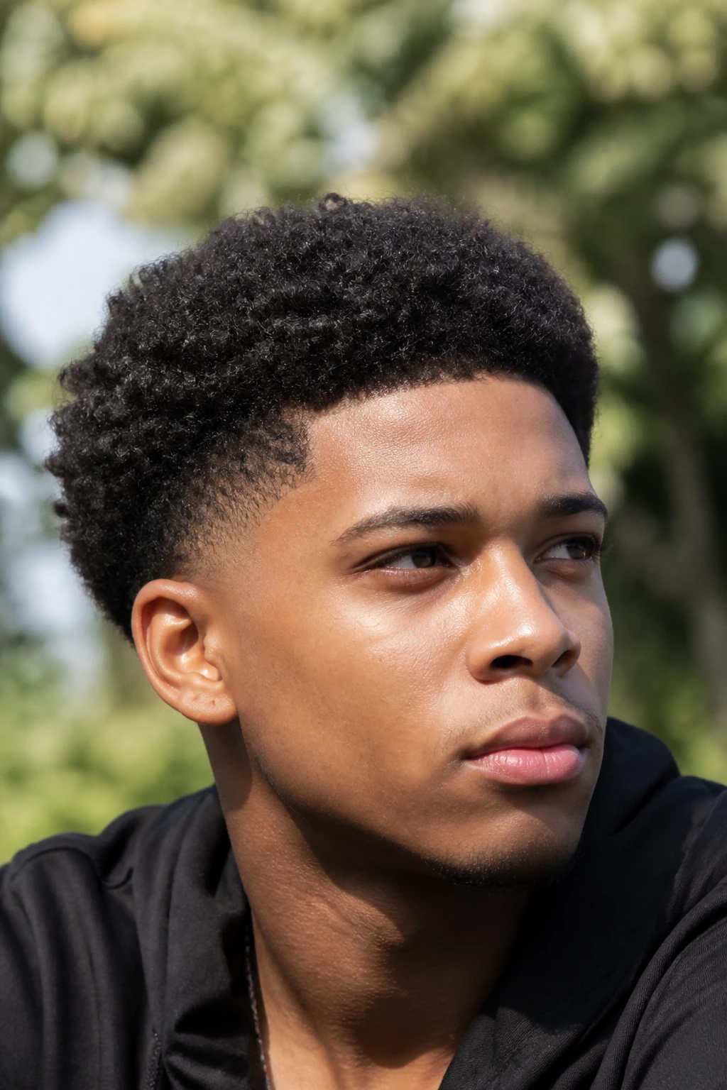 Close-up portrait of a person with a curly Afro fade