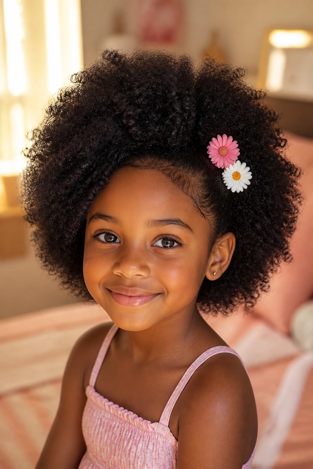 Close-up of a young girl with a curly Afro and flower clips in a sunlit bedroom.