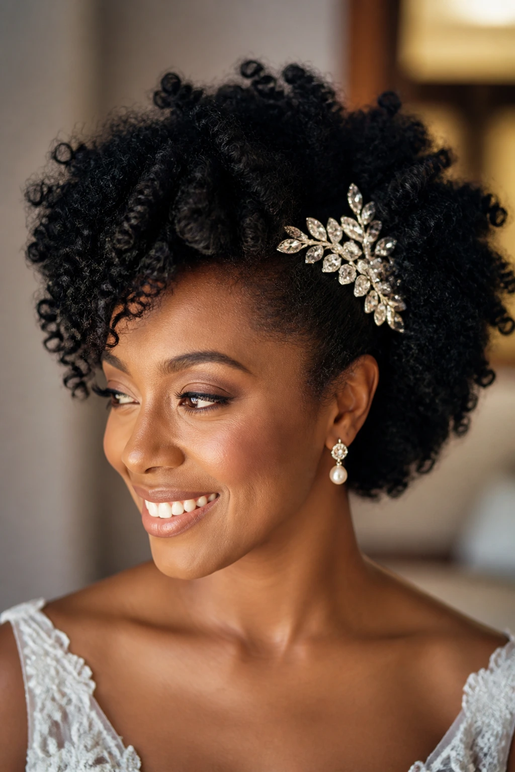 Real bride's curly afro with a jeweled comb at temple