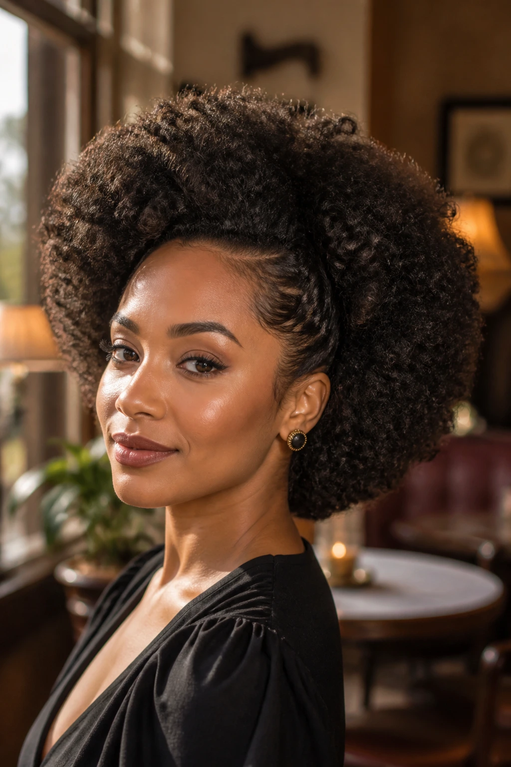 Close-up of a real person with a swept-back curly afro and vintage silhouette