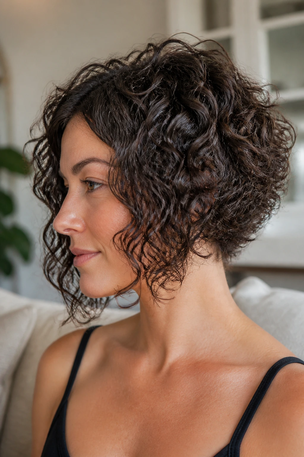 Close-up of a real woman with a curly angled bob in a bright living room