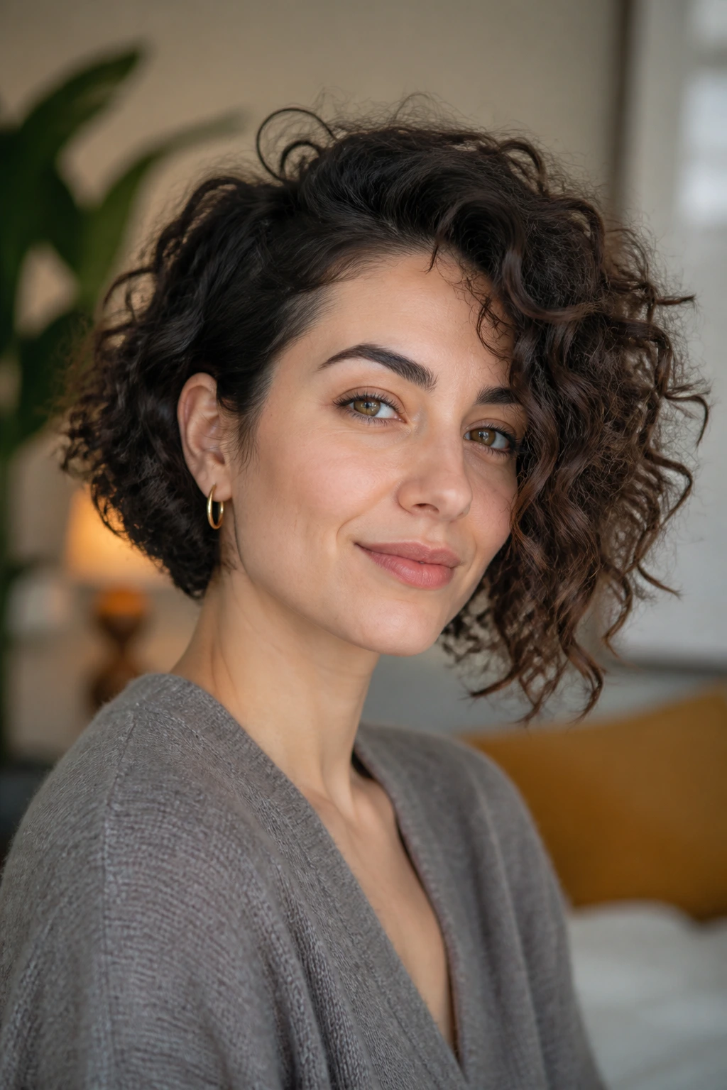 Close-up of a real woman with curly asymmetrical bob showing one-sided length and defined curls in a warm living room.