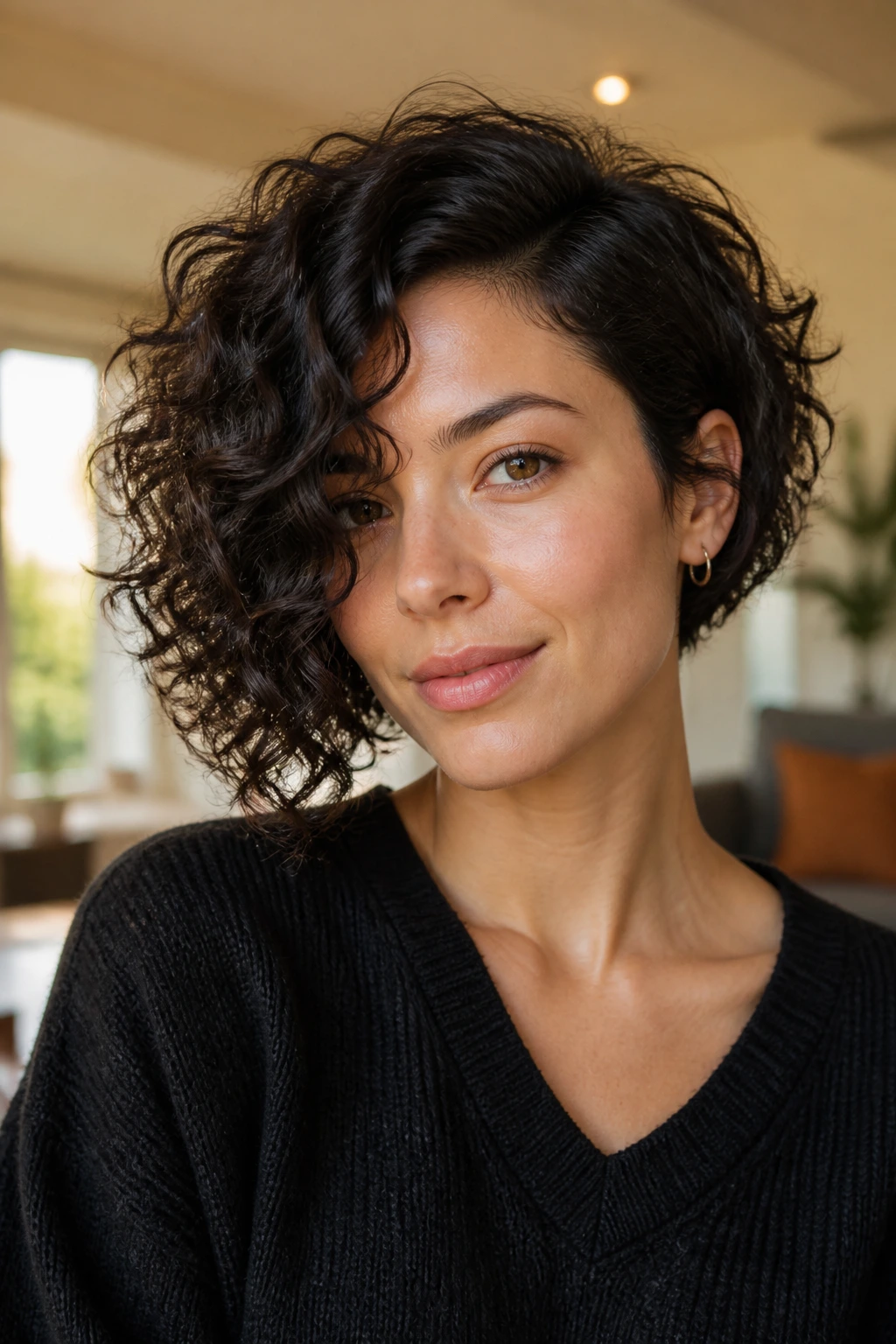 Close-up portrait of a real woman with curly asymmetrical bob hairstyle by a window