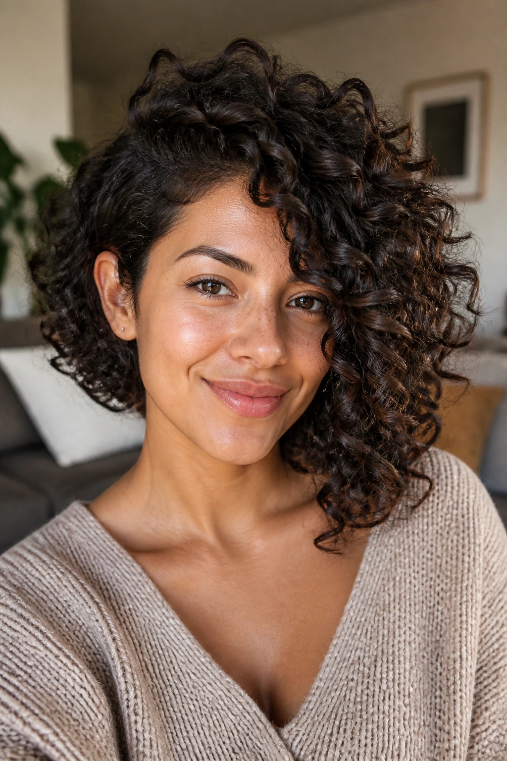 Real person portrait with curly asymmetrical bob; shorter side lifted, longer side down, natural curl pattern.