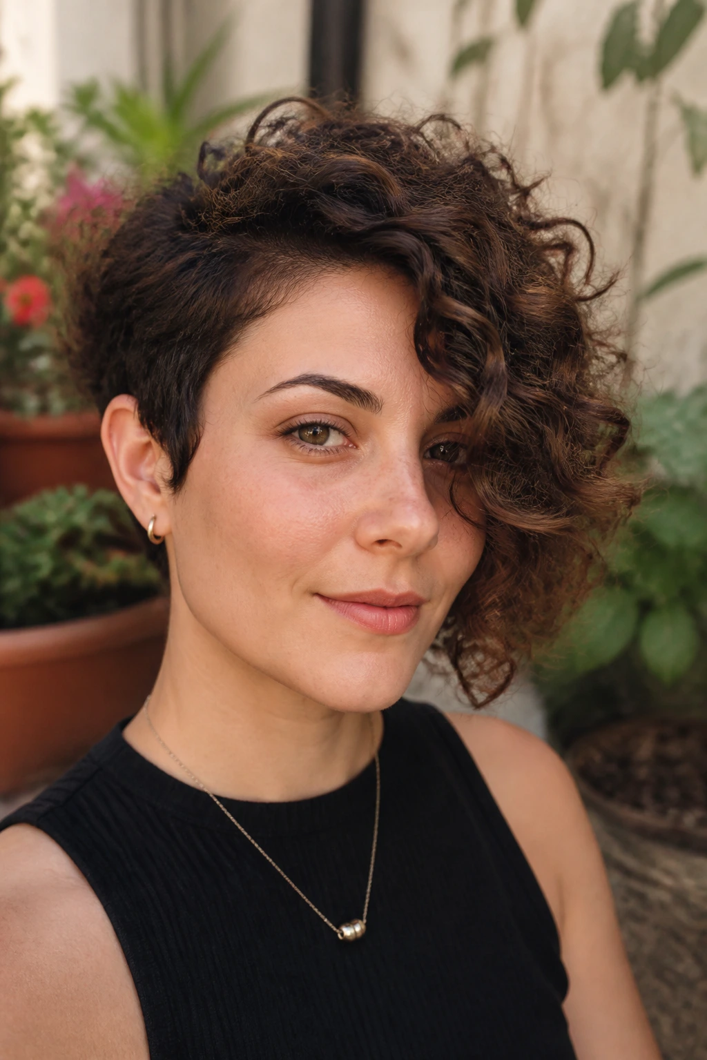 Real woman with curly asymmetrical crop showing stacked curls on one side
