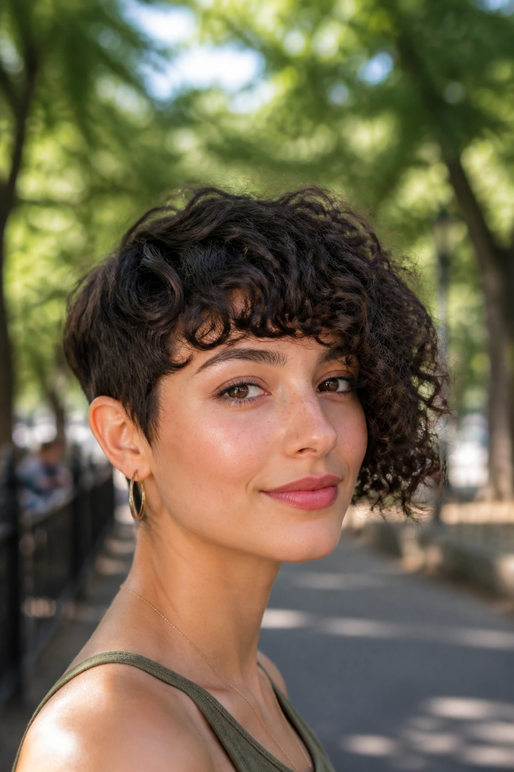Portrait of a person with curly asymmetrical crop and rounded fringe.