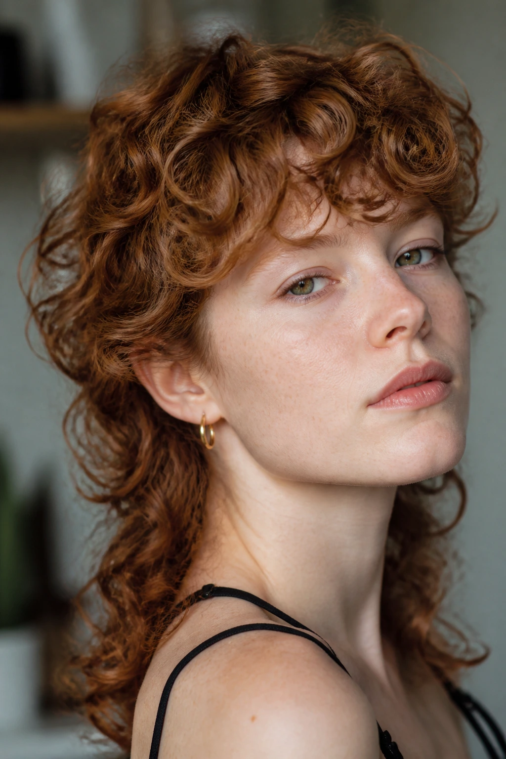 Close-up of a real person with curly auburn mullet and airy fringe