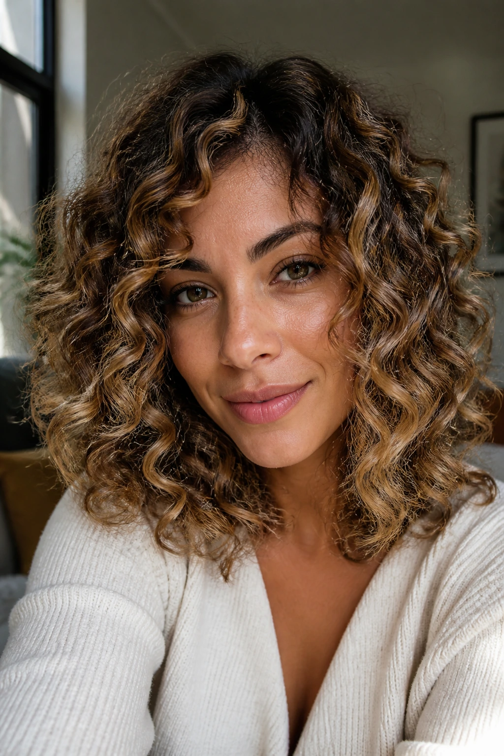 Real woman with curly balayage and diffused ends on shoulder-length curls