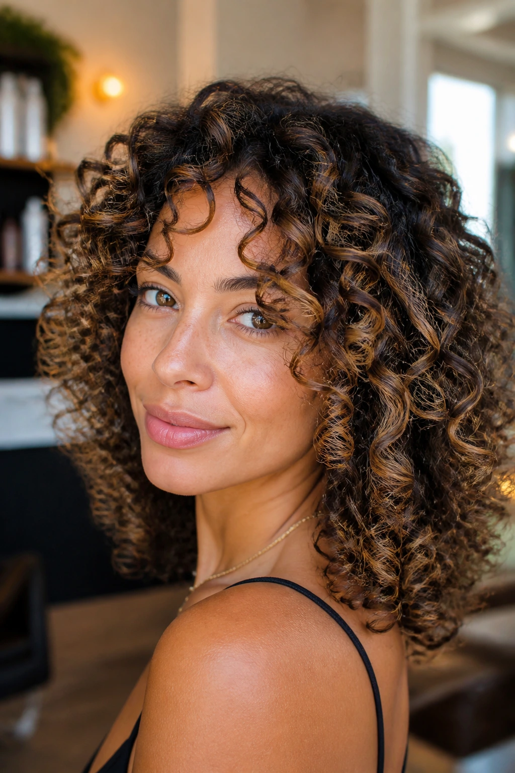 Close-up portrait of a real woman with curly balayage showing shape-focused color