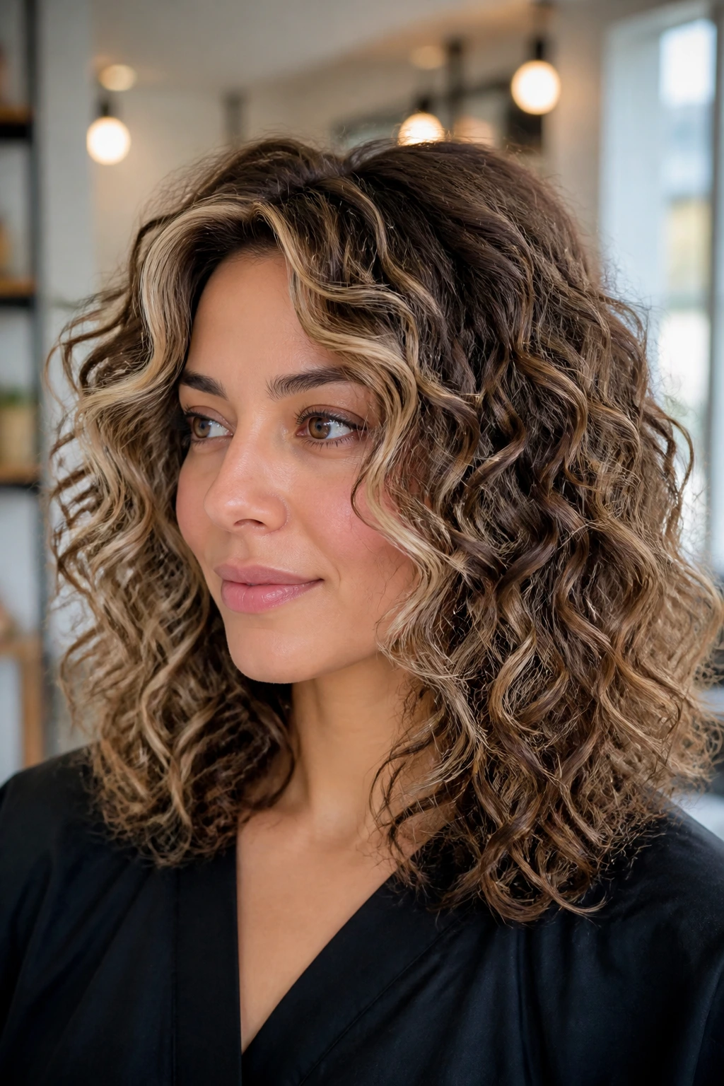 Close-up of a real person with curly balayage and face-framing highlights.