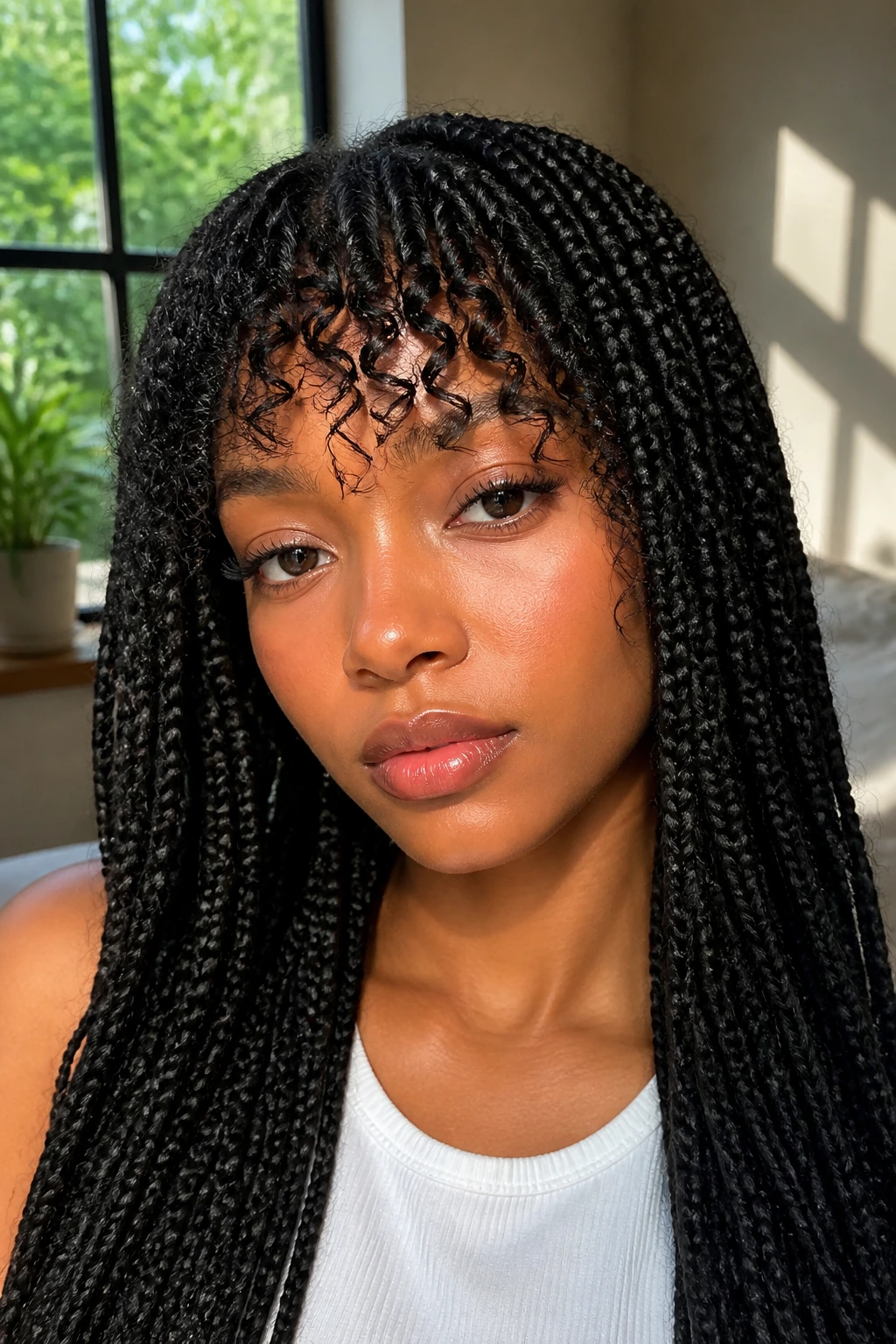 Close-up of a real person wearing curly bang box braids with bangs grazing the brows in a sunlit room.